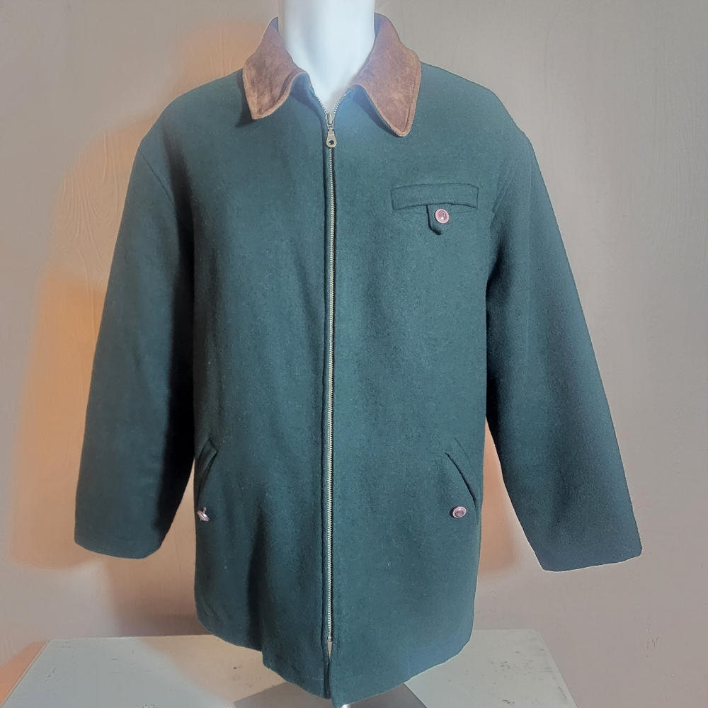 Vintage Womens Herman Kay Hunter Green Barn Coat with Leather Collar Sz Med